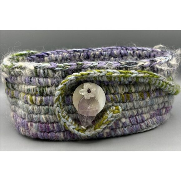 Handmade Wool Basket Purple Green Whimsical Cottage 10 x 5.5 Storage Decor - Picture 2 of 7